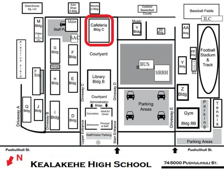 Kealakehe HS cafeteria marked Map of Kealakehe High School